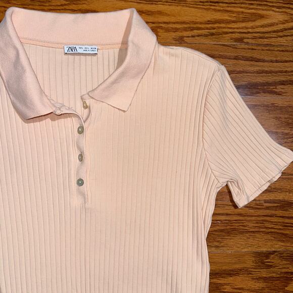 Zara Light Pink Collared Ribbed Cropped Baby Polo Top Size Large - Picture 7 of 10